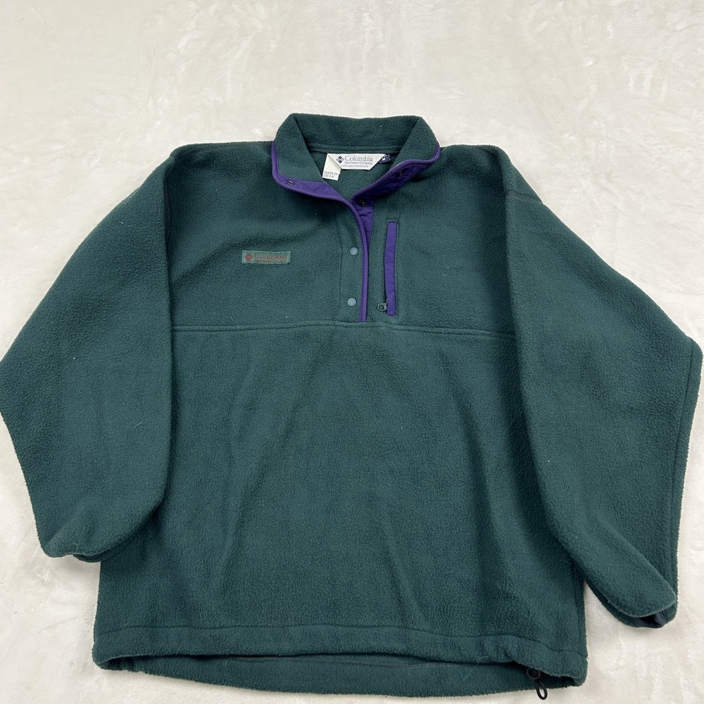 Columbia Fleece Pullover womans M Green Purple Snap Neck Pocket Drawstring Hem